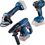 Bosch GBH 180-LI + GWS 180-LI + GDR 18V-200 - Rotopercutor SDS-Plus 2 J + Polizor unghiular 125 mm + Masina de insurubat cu impact 200 Nm M6-M16