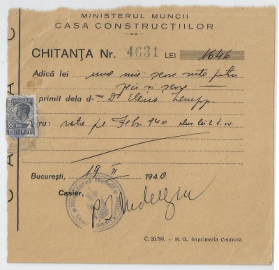 Romania, Ministerul Muncii, Casa Constructiilor, Chitanta, Bucuresti, 1940 foto