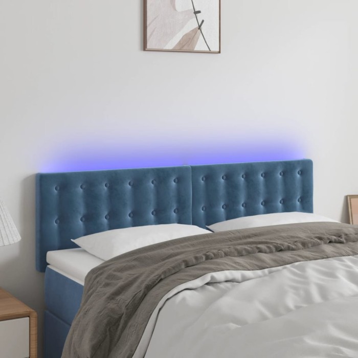 vidaXL Tăblie de pat cu LED, albastru &icirc;nchis, 144x5x78/88 cm, catifea 3122098