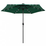 Umbrelă de soare cu LED-uri și st&acirc;lp aluminiu, verde, 270 cm