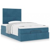 Cadru Pat Otoman Gossi 120x200cm, Catifea Albastru Inchis, Saltea + Topper, Spatiu Depozitare