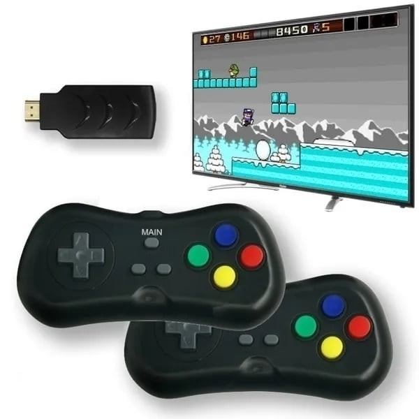 Consola cu 620 de jocuri, wireless, HDMI, cu 2 manete si stick, design portabil si compact, dimensiuni consola 9,3 x 3 x 1 cm, functionare cu baterii,