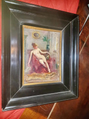 B884-Tablou interior camera cu nud de femeie ulei/placaj semnat SPATATTO Italia. foto