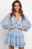 Rochie Dama Casual Sky Blue cu Volanase, Decolteu V si Maneci Lungi cu Elastic. Rochie Vaporoasa cu Decupaj la Spate. Poliester/Elastan
