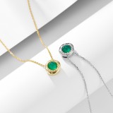 Colier din Argint 925 Rodiat, Pandantiv Solitar Rotund cu Agat Verde Caboson