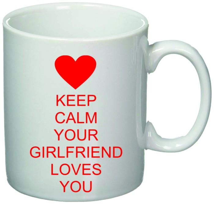 Cana alba personalizata &quot;Keep calm, your girlfriend loves you&quot;, INOVATIX&reg;. 330ml