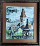 Biserica fortificată, acuarelă semnată &icirc;n monogramă şi datată (1966), Peisaje, Acuarela, Realism
