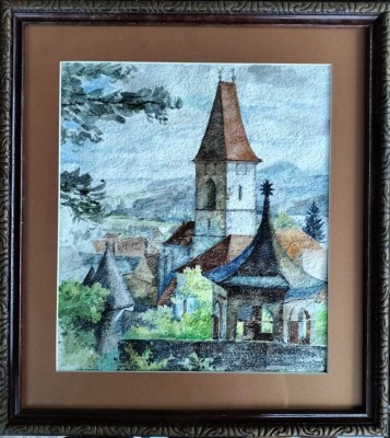 Biserica fortificată, acuarelă semnată &amp;icirc;n monogramă şi datată (1966) foto