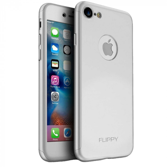 Husa de protectie Flippy Premium Full Cover 360 pentru Apple iPhone 7 Argintiu cu Folie sticla inclusa