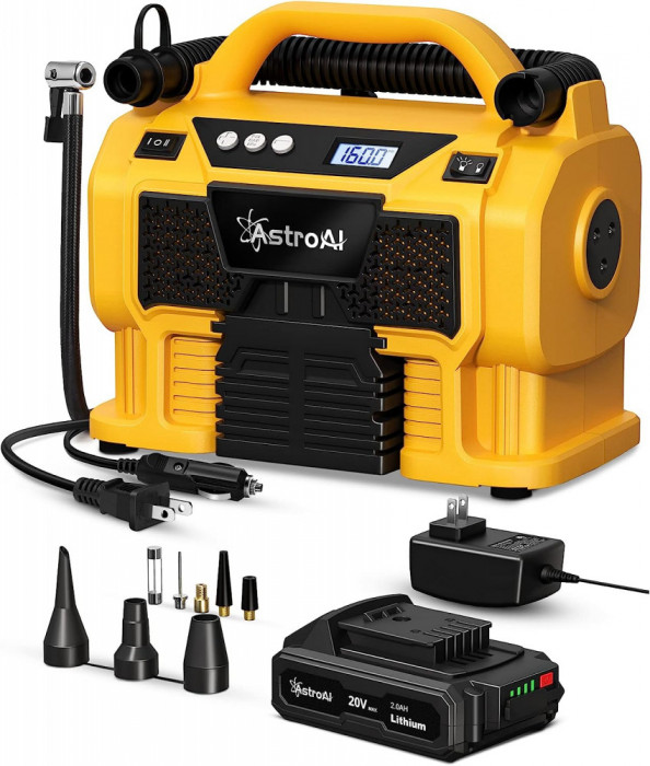 Compresor portabil cu acumulator AstroAI 3PLYE, 12V DC, 160PSI, Digital, Structura metalica, Adaptoare incluse