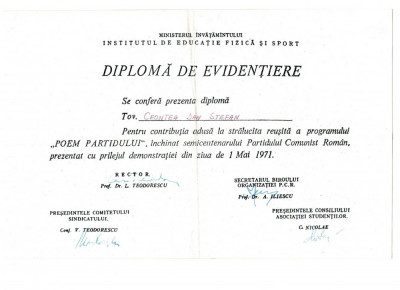 Diploma de Evidentiere, Partidul Comunist Roman, 1971 foto