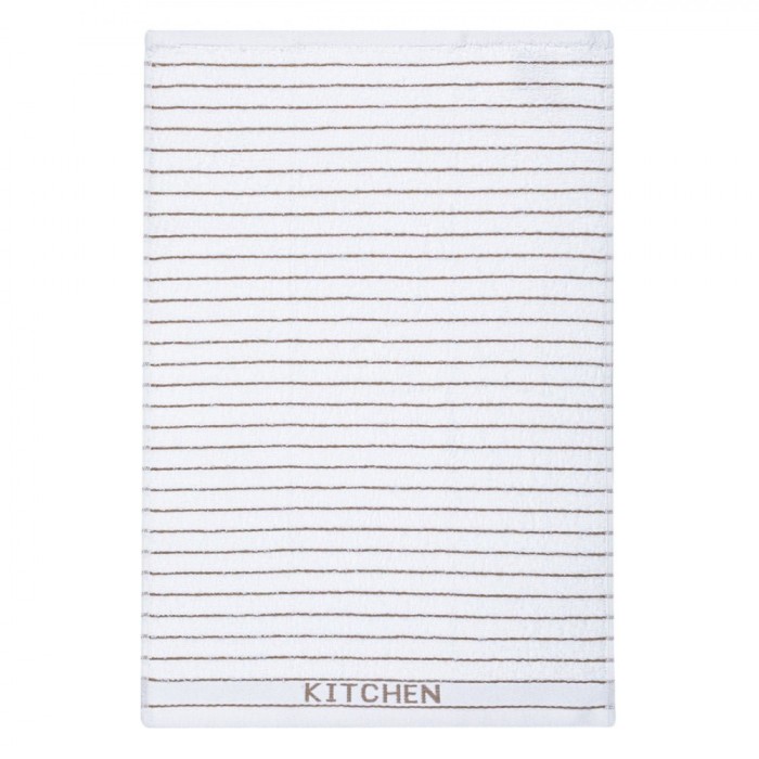 Prosop Bucătărie Waffle, Model Kitchen, Bumbac, Alb cu Dungă Bej, 60x40cm