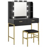 HOMCOM Masă de Machiaj cu Oglindă, 10 Becuri și Taburet Căptușit, 90x45x132,5 cm, Negru | Aosom Romania