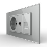 Priza dubla Livolo cu rama din sticla, Schuko + TV/Internet, gri