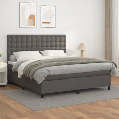 vidaXL Pat box spring cu saltea, gri, 180x200 cm, piele ecologică