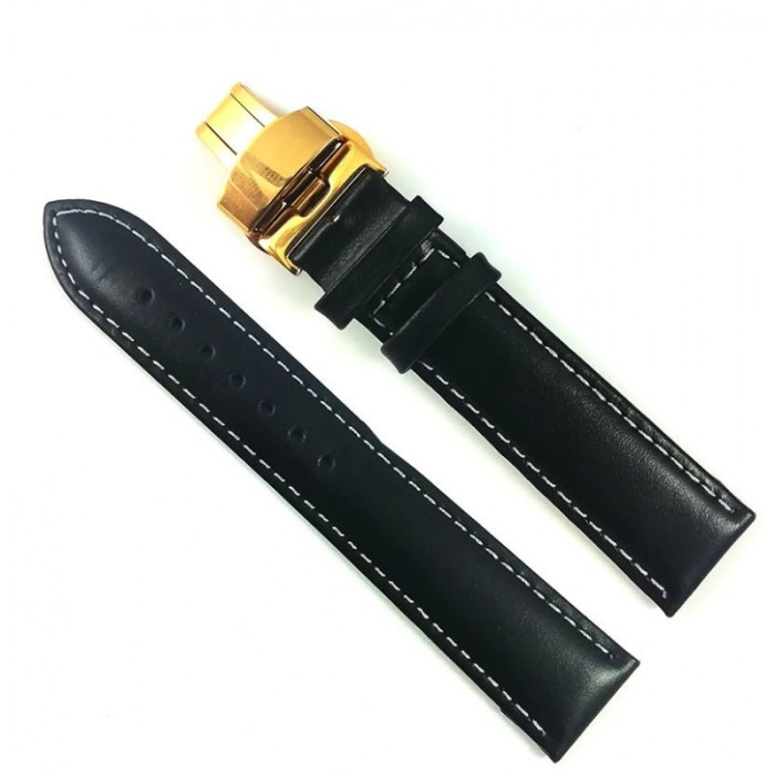 Curea ceas din piele neagra cu cusatura alba + Deployant Auriu 14mm 16mm 18mm 20mm 22mm 24mm