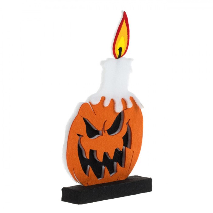 Decorațiune Masă Halloween, Model Dovleac cu Lum&acirc;nare, Material Spumă, Culoare Portocaliu și Negru, Dimensiuni 17x30cm