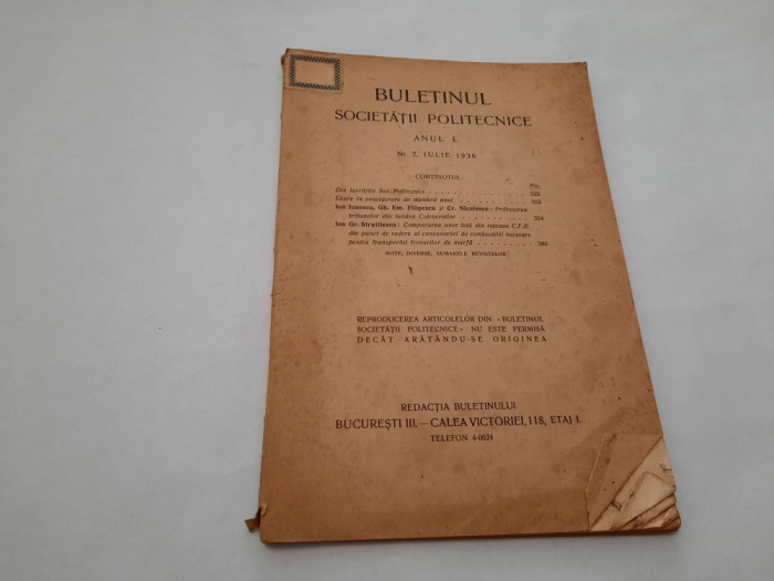 BULETINUL SOCIETATII POLITEHNICE, ANUL L, NR. 7,IULIE 1936 RF9/2