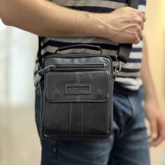 Borseta Barbati Navy, Gri - Allan Marco| Piele Naturala, 20 cm x 23 x 7.5 cm