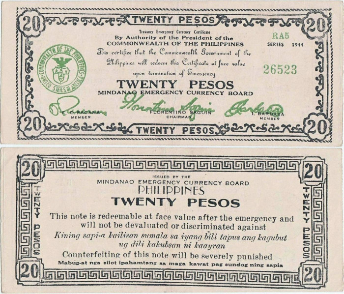 1944, 20 pesos (P-S528d) - Filipine (Mindanao) - stare XF! Emisie de gherilă!