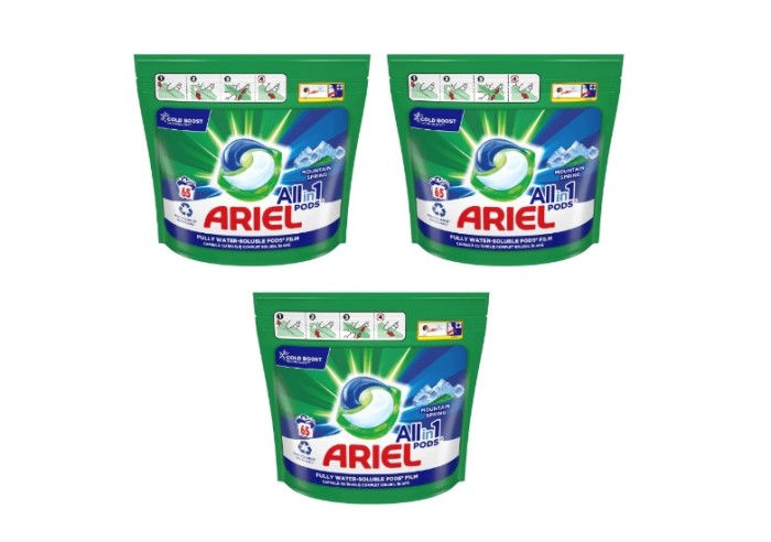 Set detergent capsule Ariel 3 in 1 Mountain Spring, 3 x 65 bucati, 195 spalari