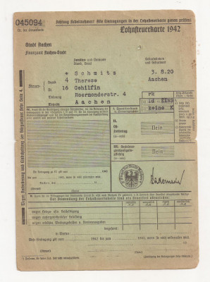 Document, Card pentru impozitul de venit, Germania, Aachen 1942 foto