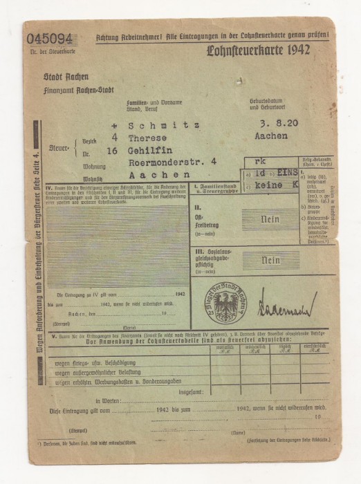 Document, Card pentru impozitul de venit, Germania, Aachen 1942