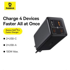 INCARCATOR RETEA Baseus GaN6 Pro,Quick Charge 100W,2 x USB Type-C Output 5V/3A,2 x USB (include cablu USB Type-C la USB Type-C de 100W),negru &amp;quot;P1