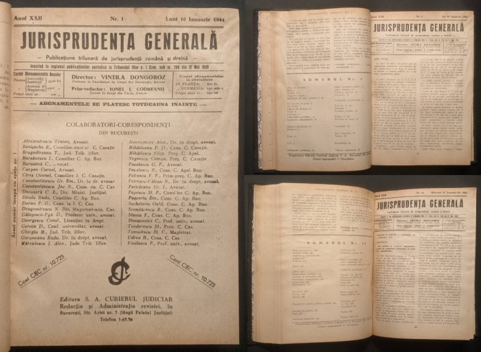 rar 1944 colegat JURISPRUDENTA GENERALA anul XXII &ndash; director VINTILA DONGOROZ. Revista Juridica Drept. 738 pag, 23 numere Ian.-Decembr. Stare uzata