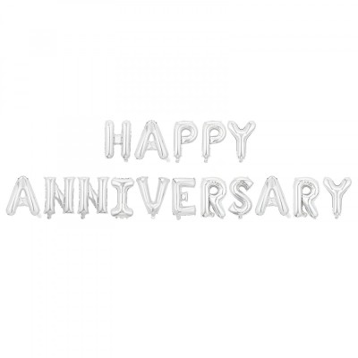 Set baloane din folie metalizat&amp;Auml;, flippy, model happy anniversary, litere de 40 cm, baloane party, ambalaj individual, pai inclus, umflare cu aer sau foto