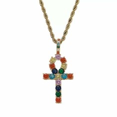 Colier MBrands cu pandantiv in forma ankh, cristale zirconiu colorate Auriu