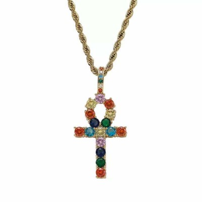 Colier MBrands cu pandantiv in forma ankh, cristale zirconiu colorate Auriu foto