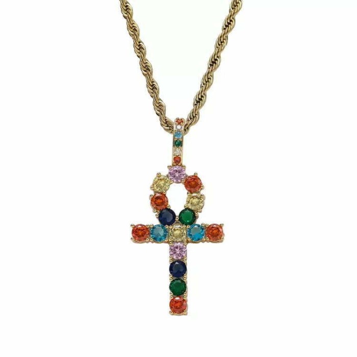 Colier MBrands cu pandantiv in forma ankh, cristale zirconiu colorate Auriu