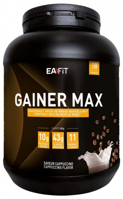 Gainer Max 1,1 kg; Cappuccino si Proteine Zer plus Ou, Crestere in masa musculara, Aport caloric, Vitamine Minerale, Marca franceza, Certificat antido
