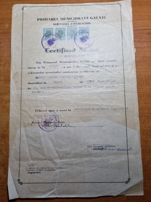 certificat primaria municipiului galati - octombrie 1944 - flancat cu 4 timbre foto