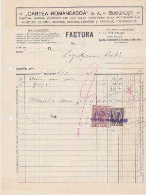 Factura Cartea Romaneasca S.A. Bucuresti 1922 foto