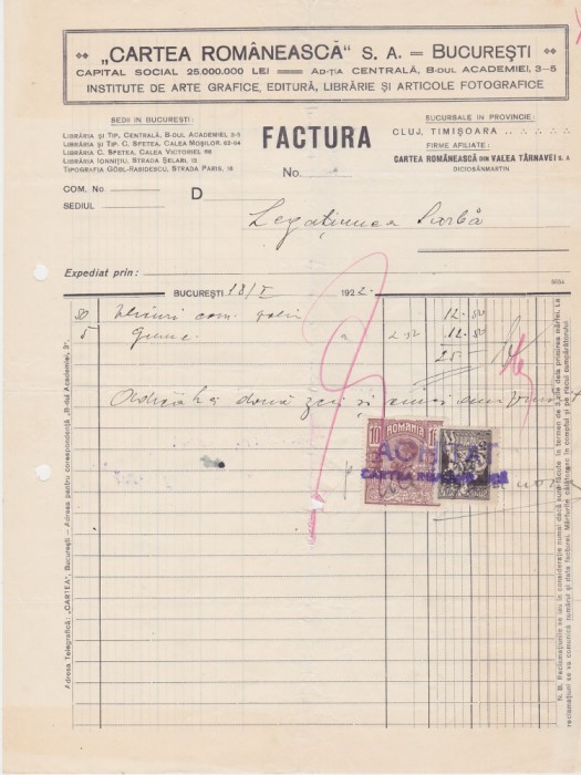 Factura Cartea Romaneasca S.A. Bucuresti 1922