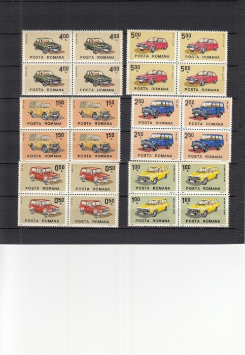 ROMANIA 1983 LP 1076 AUTOMOBILE ROMANESTI BLOCURI DE 4 TIMBRE MNH