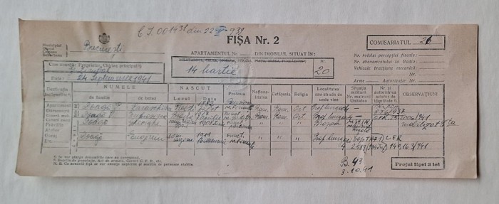 Fișă locativă București 1941 cu timbre fiscale &amp; &bdquo;Timbru Statistic&rdquo; (bloc 4) &ndash; WWII
