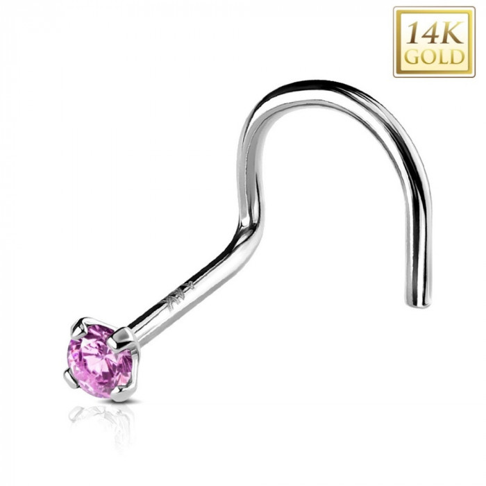 Piercing curbat din aur alb de 14K pentru nas, zirconiu roz deschis, 2mm