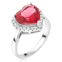 Inel argint - ştras mare, roşu, în formă de inimă, contur din zirconiu - Marime inel: 49
