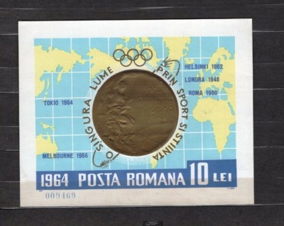 ROMANIA 1964 - MEDALIA OLIMPIADEI DE LA TOKYO. COLITA NESTAMPILATA, SA5 foto