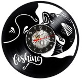 Ceas de perete decorativ realizat din disc de vinil, Model Pescuit, Peste Rapitor si Carlig, Text Fishing, Negru Premium, 30 cm