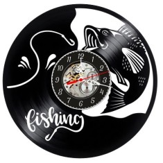 Ceas de perete decorativ realizat din disc de vinil, Model Pescuit, Peste Rapitor si Carlig, Text Fishing, Negru Premium, 30 cm