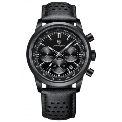 Ceas barbatesc Olevs Quartz Analog Piele Cronograf Casual Negru foto