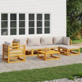 Set mobilier gradina lemn masiv Gossi, 7 piese, perne gri deschis, canapea colt, masa