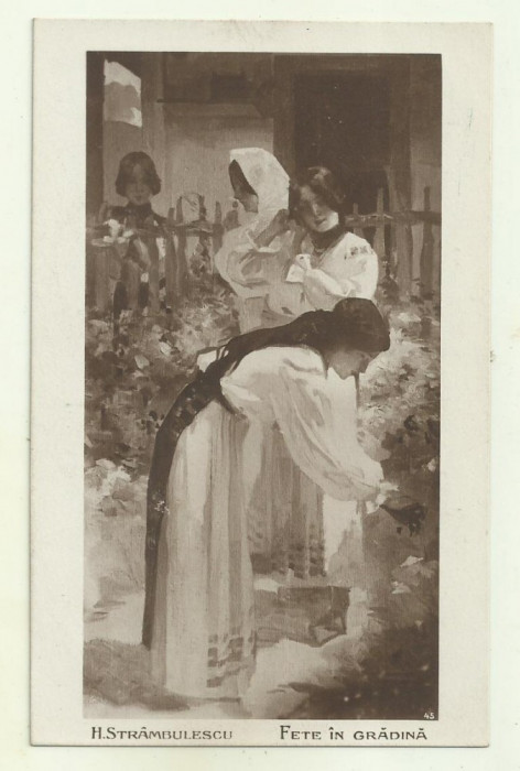 cp Artistii nostri : H.Strambulescu - FETE IN GRADINA, 1911 (Colectia Sfetea)