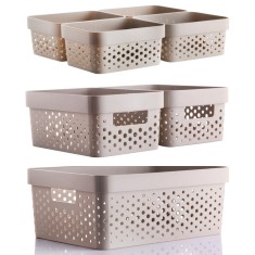 Set GinzaMaison 7 cosuri organizare si depozitare pentru baie, dormitor, bucatarie, camara, casa, Culoare Bej (1 buc. 33x23x14 cm, 2 buc. 23x15x10 cm