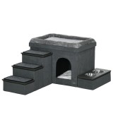 PawHut Casă pentru pisici, cușcă pentru pisici, grotă pentru pisici, 3 trepte pentru animale, 2 boluri de hrănire, 70 x 50 x 51 cm, Gri | Aosom Romani