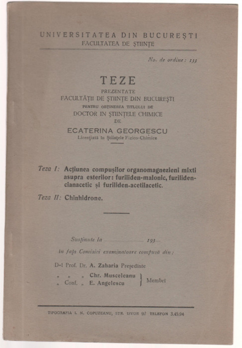 Universitatea Bucuresti - Teza doctorat chimie Ecaterina Georgescu - dedicatie